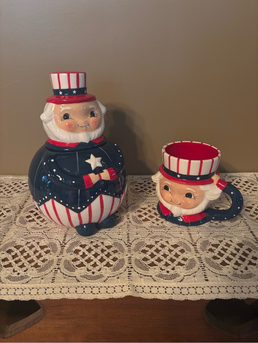 Patriotic Uncle Sam Ceramic Cookie Jar and Mug Set - Red, White & Blue